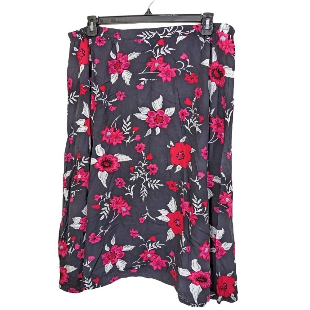 Vintage 90s Midi Skirt Plus 22W Dark Floral Modest Elastic Waist Black Grunge
